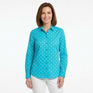 Chicos Womens Size 1 Medium Turquoise Seashell Cotton Roll Tab Button Down Shirt